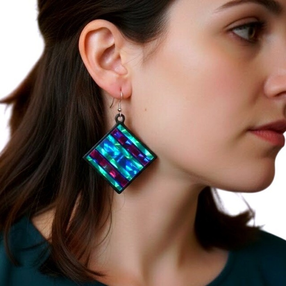 Vintage Laser Prismatic Holographic Geometric NEW‎ Drop Earrings Made in England